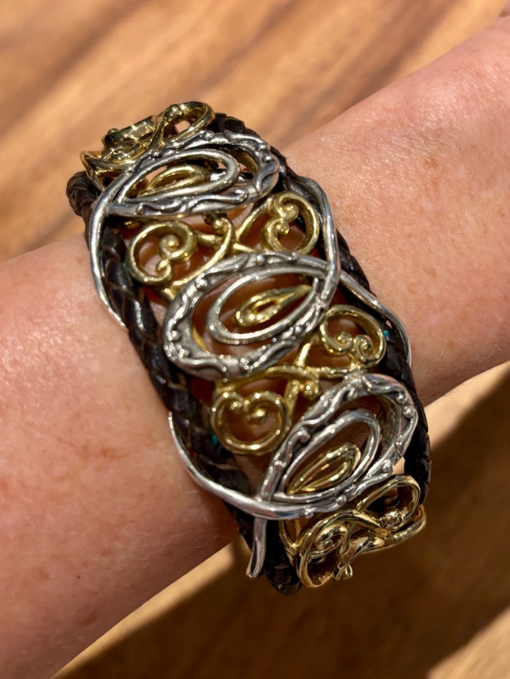 Carolyn Pollack Southwestern Silver, Brass, Braided Black Leather Cuff Bracelet